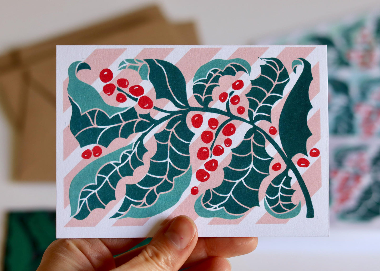 Luxury Candy Stripes & Holly Leaves Christmas Card - Set of 4 | Linocut Holly Pastel Holiday Card Set and Envelopes, Luxury Cotton Art Cards