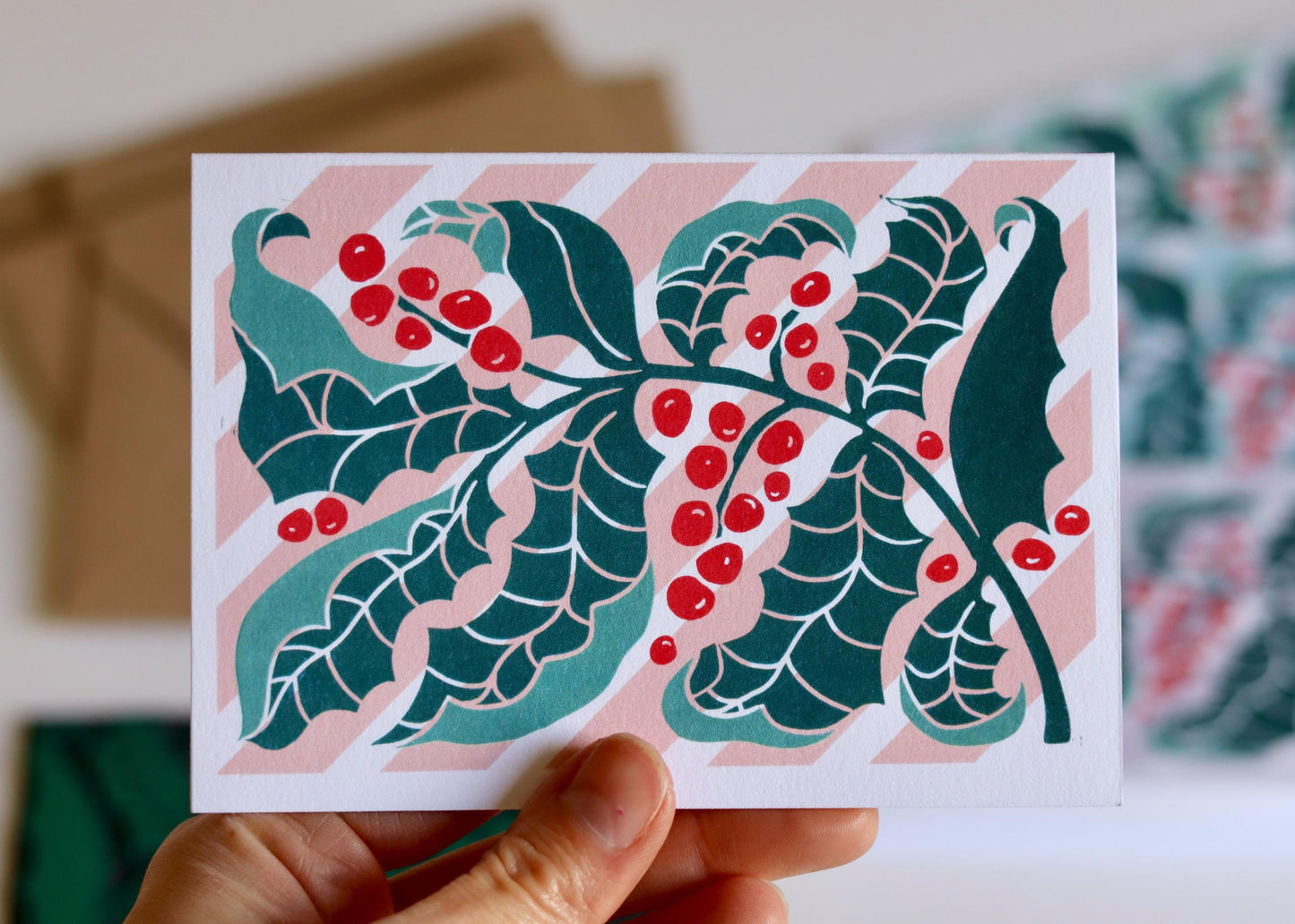 Luxury Candy Stripes & Holly Leaves Christmas Card - Single Card | Linocut Holly Pastel Holiday Cards, Cotton Art Cards, Choice of colour