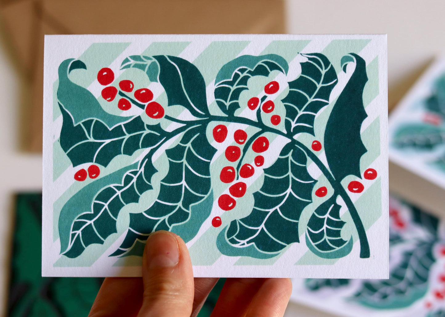 Luxury Candy Stripes & Holly Leaves Christmas Card - Set of 4 | Linocut Holly Pastel Holiday Card Set and Envelopes, Luxury Cotton Art Cards