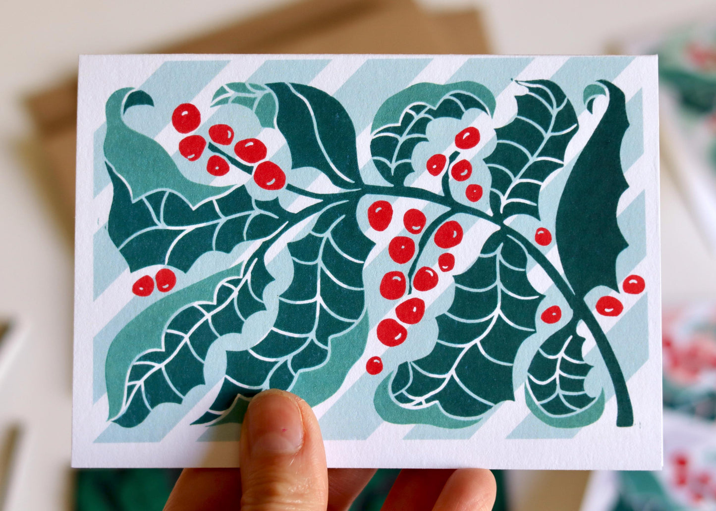 Luxury Candy Stripes & Holly Leaves Christmas Card - Set of 4 | Linocut Holly Pastel Holiday Card Set and Envelopes, Luxury Cotton Art Cards