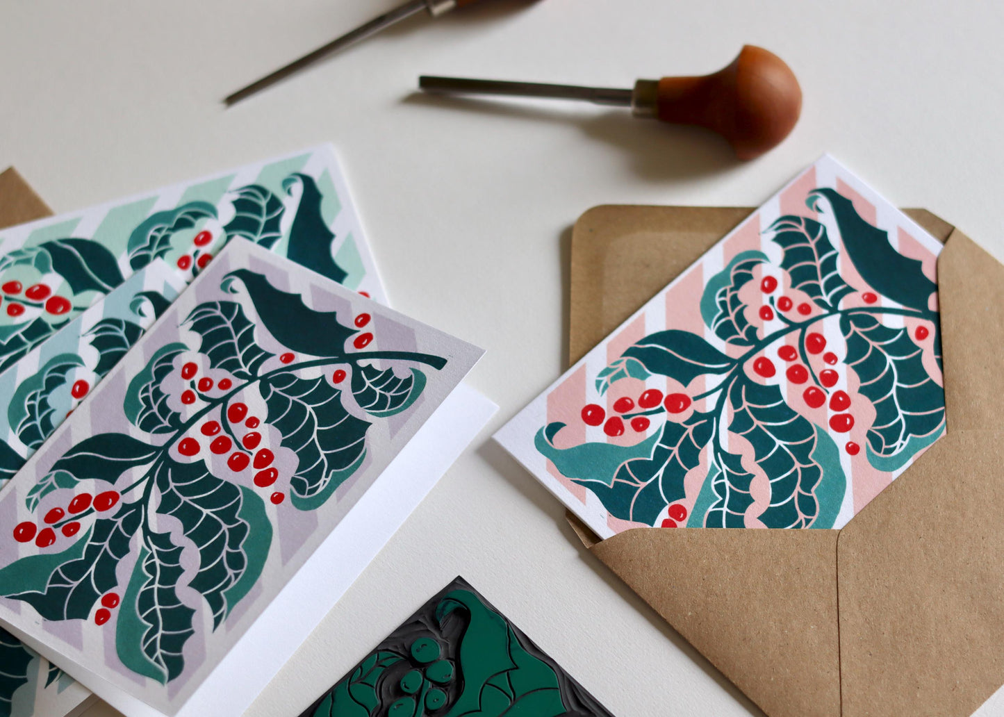Luxury Candy Stripes & Holly Leaves Christmas Card - Set of 4 | Linocut Holly Pastel Holiday Card Set and Envelopes, Luxury Cotton Art Cards