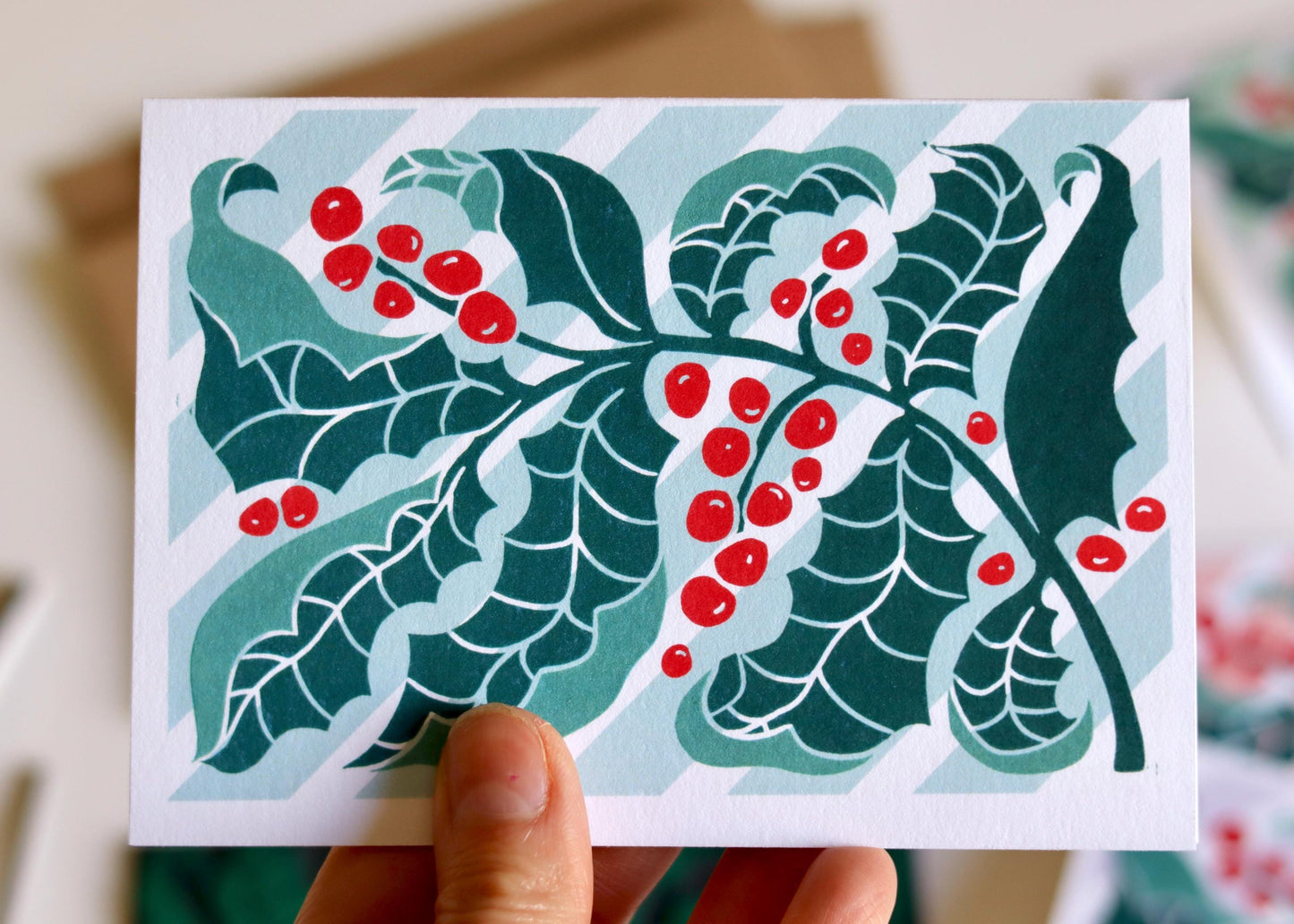 Luxury Candy Stripes & Holly Leaves Christmas Card - Single Card | Linocut Holly Pastel Holiday Cards, Cotton Art Cards, Choice of colour