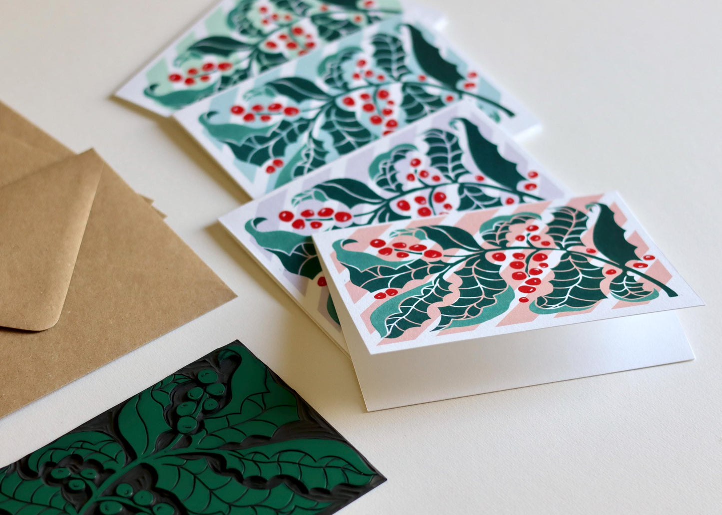 Luxury Candy Stripes & Holly Leaves Christmas Card - Set of 4 | Linocut Holly Pastel Holiday Card Set and Envelopes, Luxury Cotton Art Cards