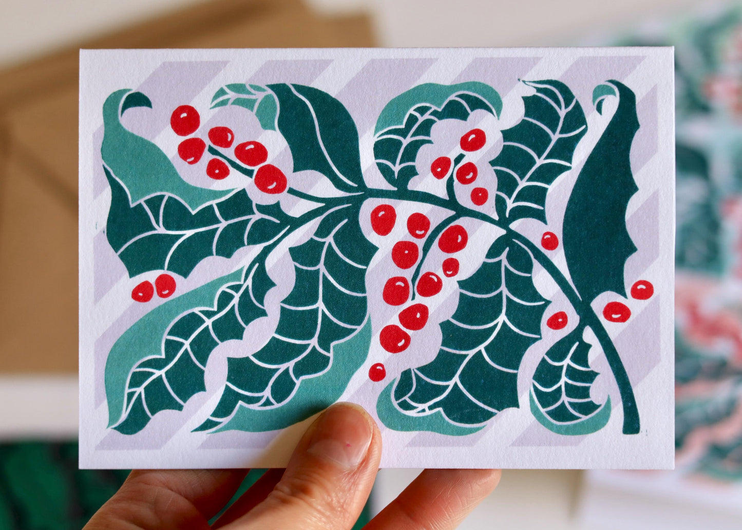 Luxury Candy Stripes & Holly Leaves Christmas Card - Set of 4 | Linocut Holly Pastel Holiday Card Set and Envelopes, Luxury Cotton Art Cards