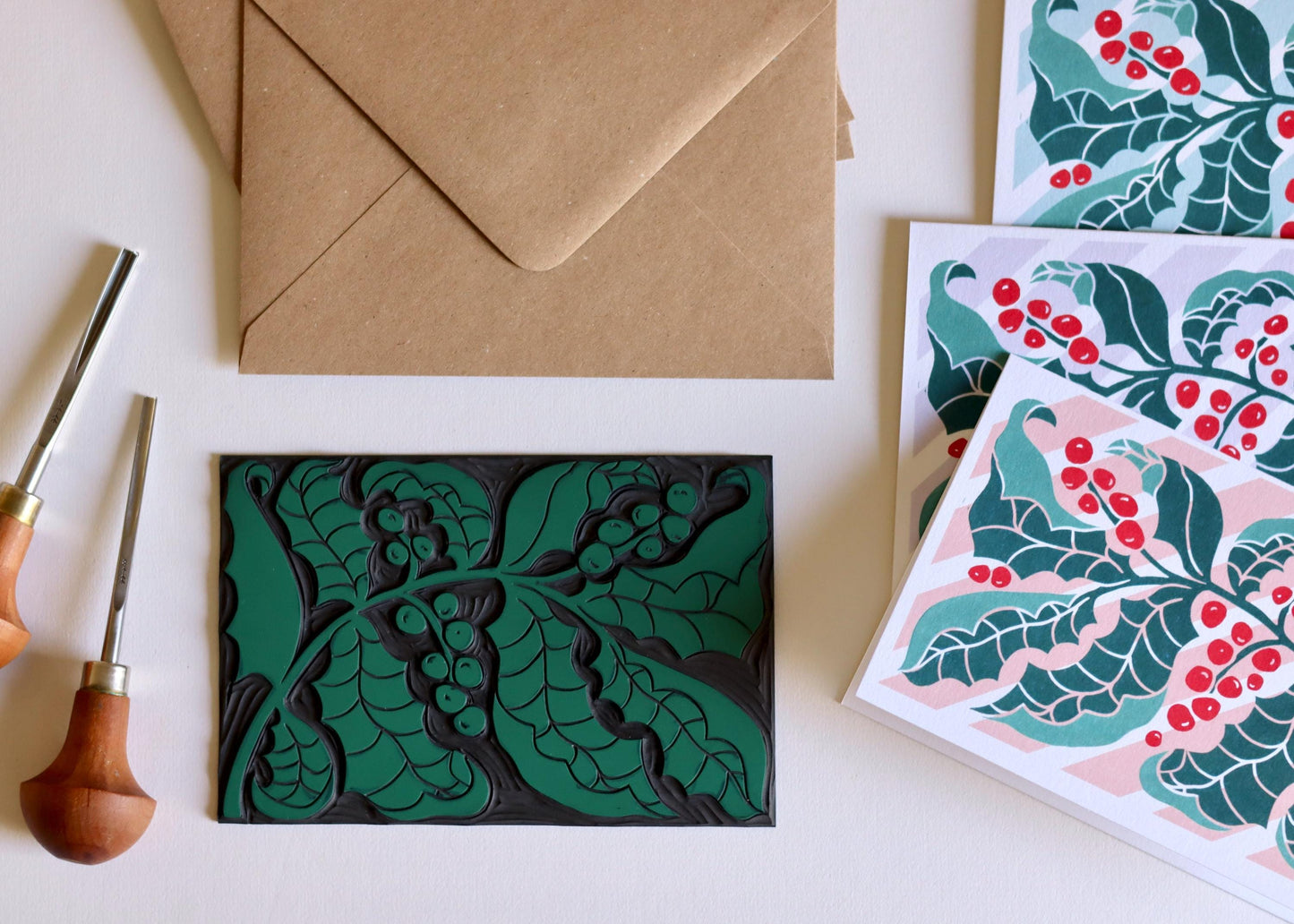 Luxury Candy Stripes & Holly Leaves Christmas Card - Single Card | Linocut Holly Pastel Holiday Cards, Cotton Art Cards, Choice of colour