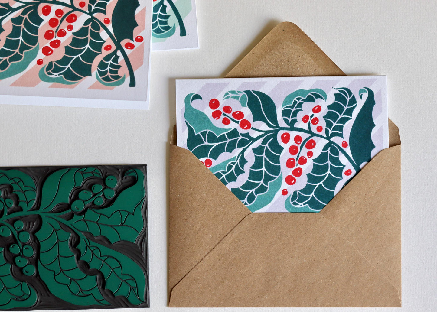 Luxury Candy Stripes & Holly Leaves Christmas Card - Single Card | Linocut Holly Pastel Holiday Cards, Cotton Art Cards, Choice of colour