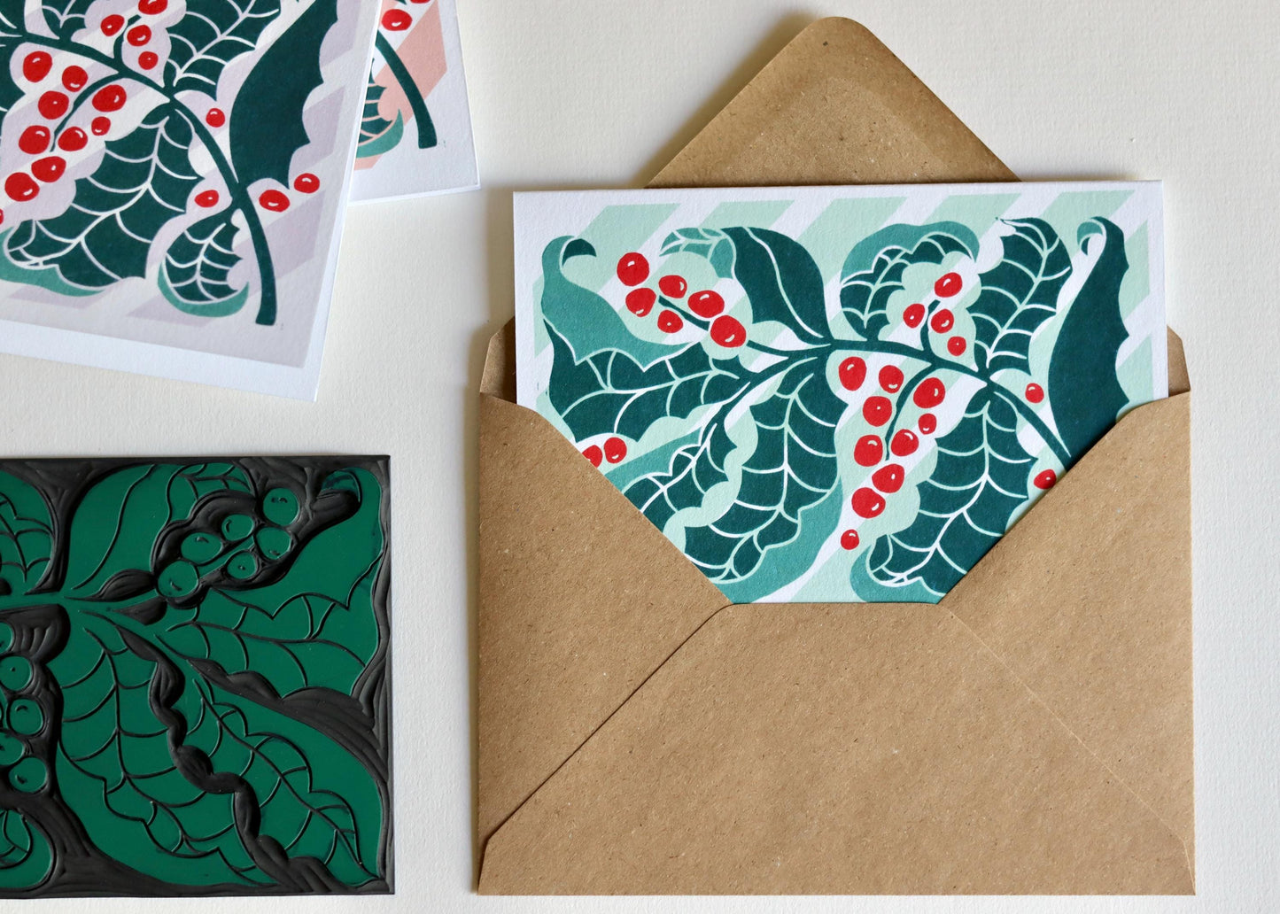 Luxury Candy Stripes & Holly Leaves Christmas Card - Single Card | Linocut Holly Pastel Holiday Cards, Cotton Art Cards, Choice of colour