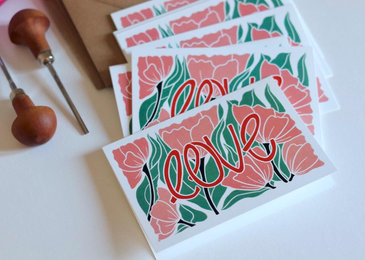 Send your favourite people some "love" with our linocut floral valentine's day notecards. Perfect for friends and loved ones alike. Whether it's to celebrate galentine's day or an engagement. These linocut notecards will stand out.