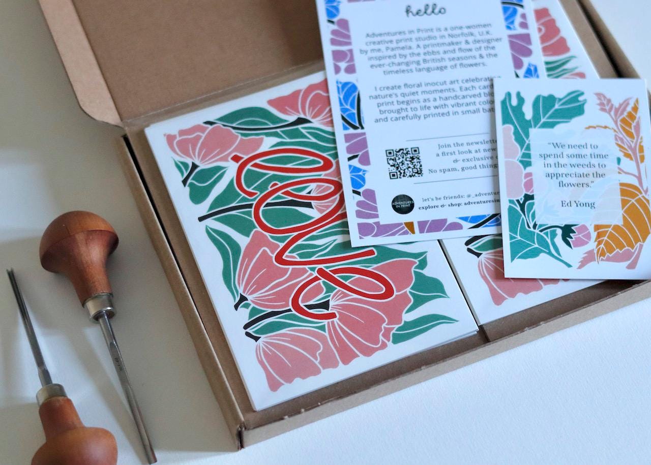 Love Amongst the Flowers Notecards - Set of 8 | Linocut Abstract Flower Note Cards / Thank You, Valentines, Engagement / Cards & Envelopes