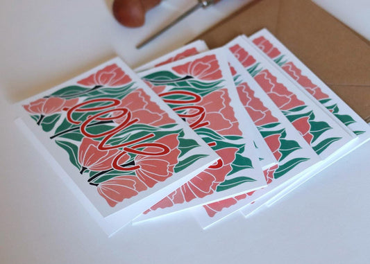Love Amongst the Flowers Notecards - Set of 8 | Linocut Abstract Flower Note Cards / Thank You, Valentines, Engagement / Cards & Envelopes