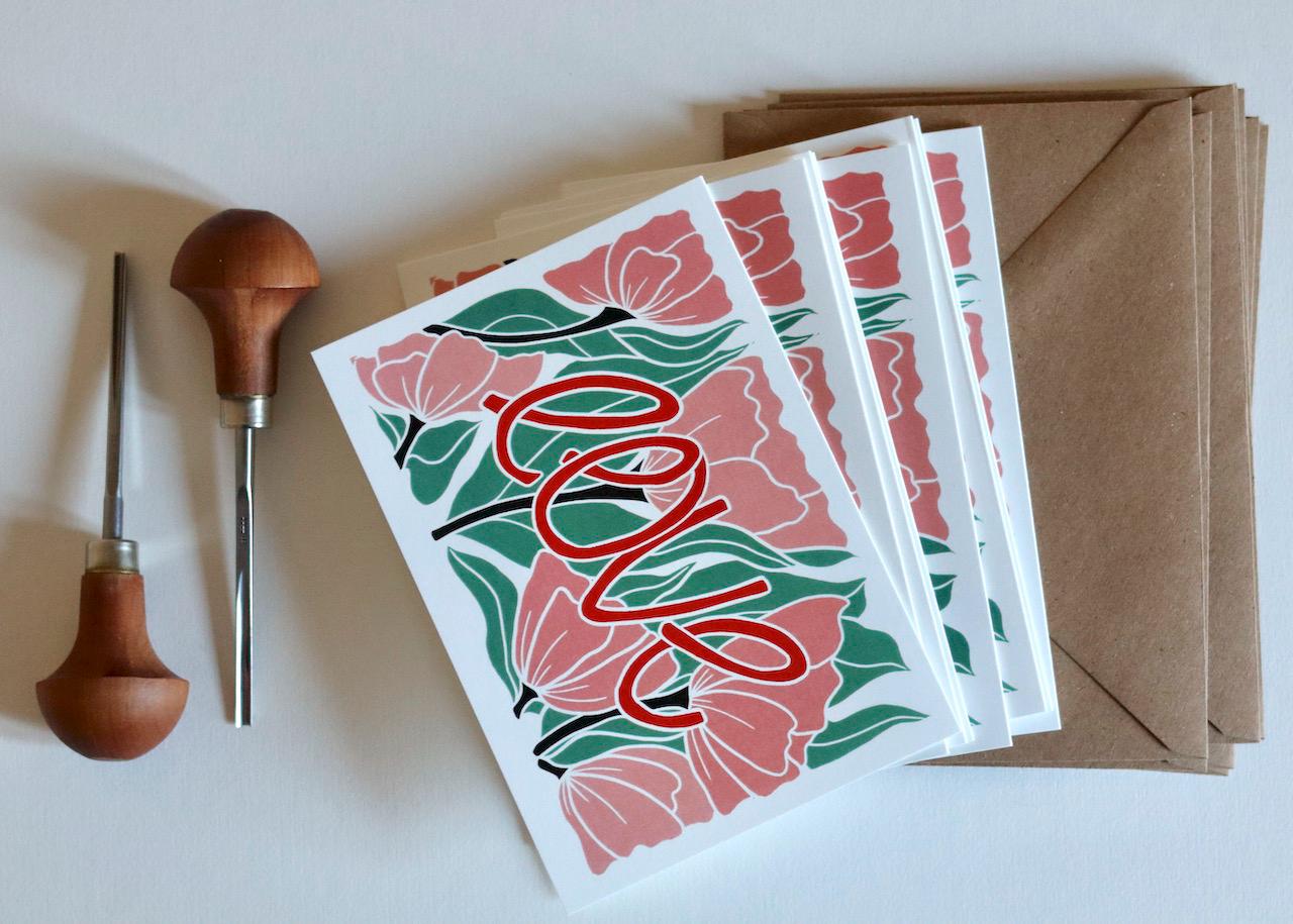 Love Amongst the Flowers Notecards - Set of 8 | Linocut Abstract Flower Note Cards / Thank You, Valentines, Engagement / Cards & Envelopes