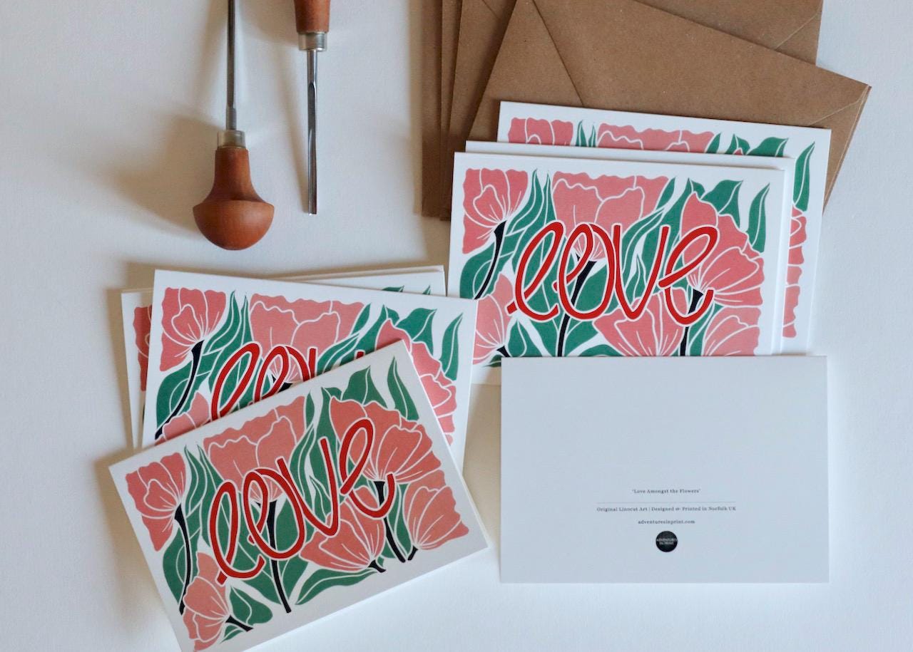 Small batch printed notecards in Norfolk, UK by Pamela at her home studio.