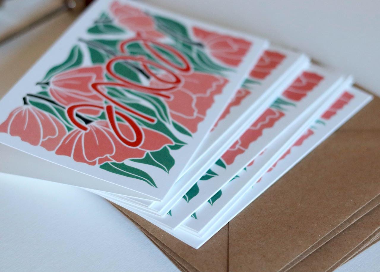 Love Amongst the Flowers Notecards - Set of 8 | Linocut Abstract Flower Note Cards / Thank You, Valentines, Engagement / Cards & Envelopes