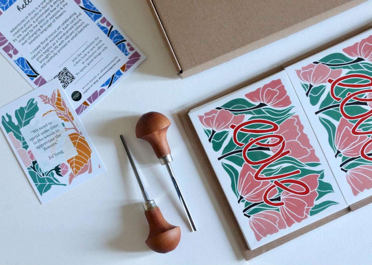 Love Amongst the Flowers Notecards - Set of 8 | Linocut Abstract Flower Note Cards / Thank You, Valentines, Engagement / Cards & Envelopes