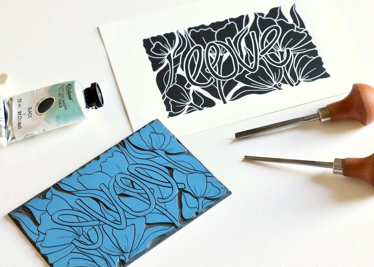 Love Amongst the Flowers Notecards - Set of 8 | Linocut Abstract Flower Note Cards / Thank You, Valentines, Engagement / Cards & Envelopes