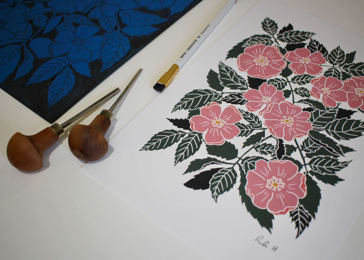 Dog Rose Linocut Art Print | A4 Art Print on Cotton Paper