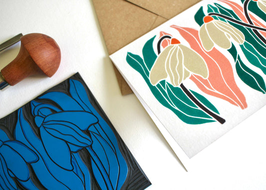 Snowdrops Linocut Art Greeting Card | Single Card & Envelope