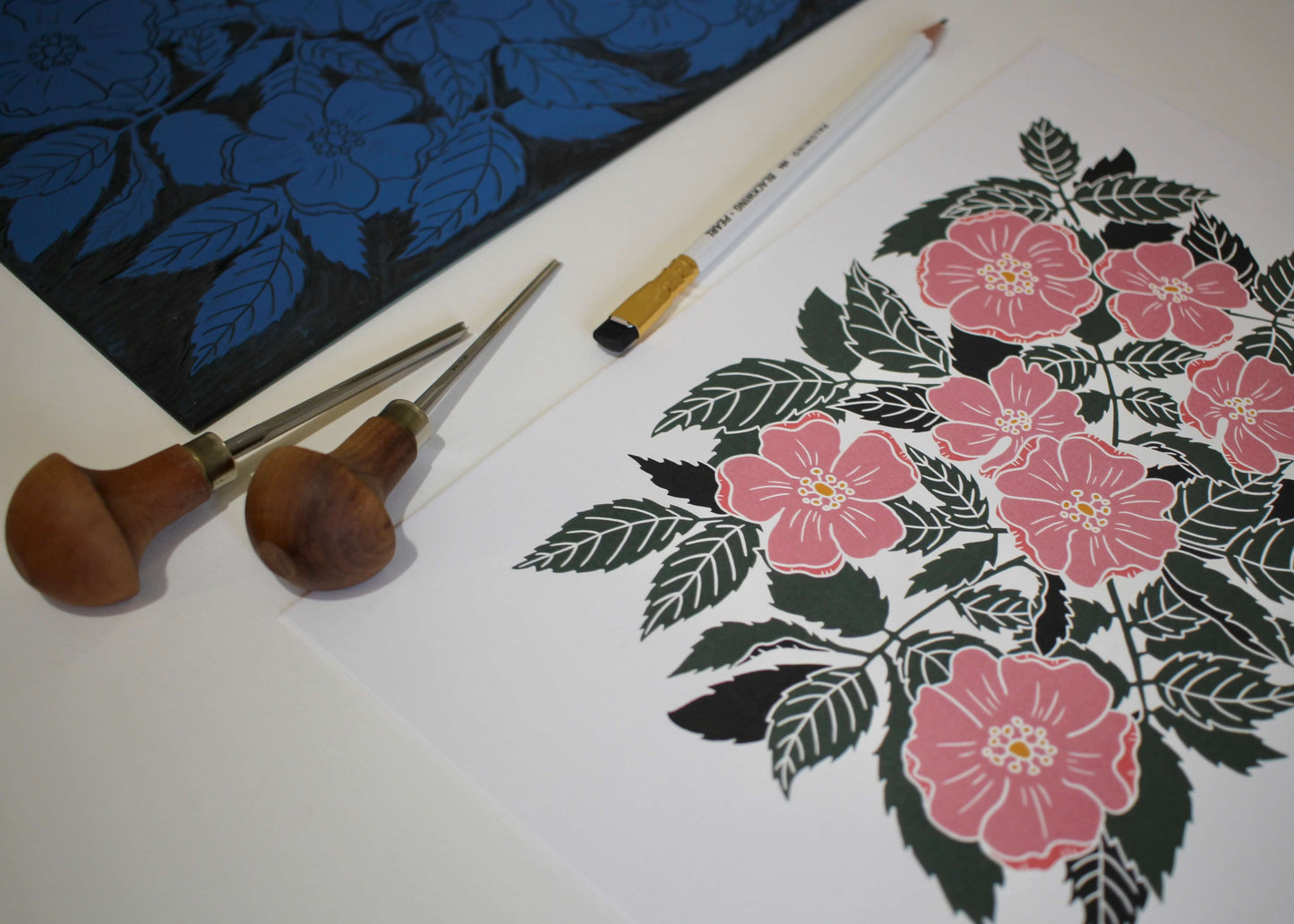 Dog Rose Linocut Art Print | A4 Art Print on Cotton Paper
