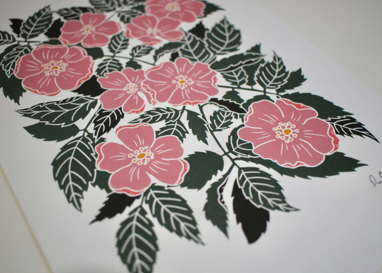 Dog Rose Linocut Art Print | A4 Art Print on Cotton Paper