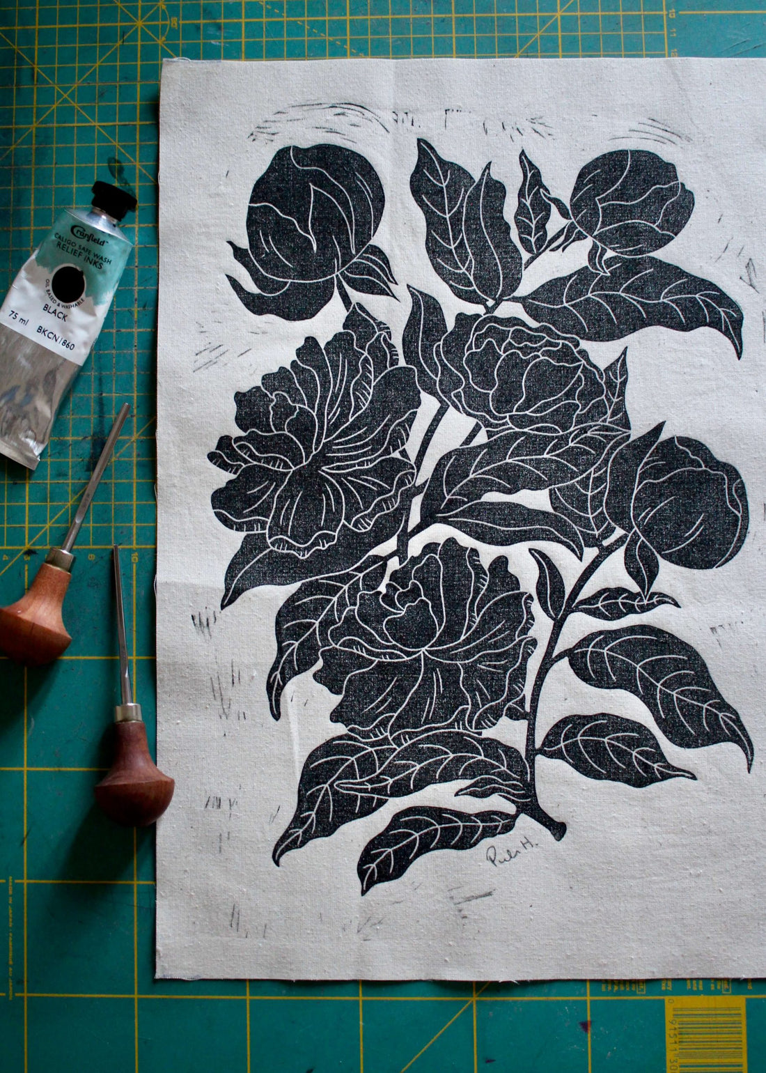 Pretty Peonies Linocut