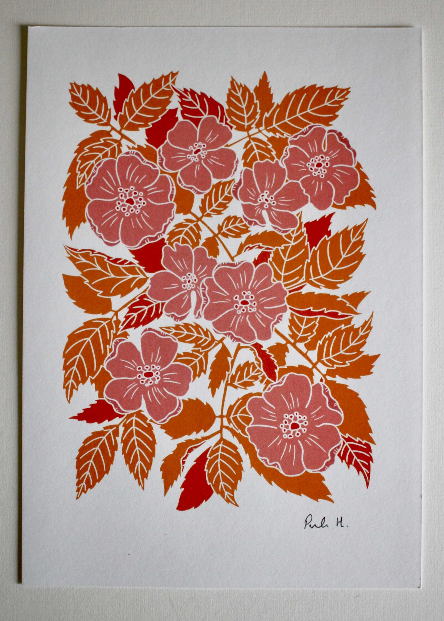 Summer Evenings Dog Rose Linocut Art Print - A4