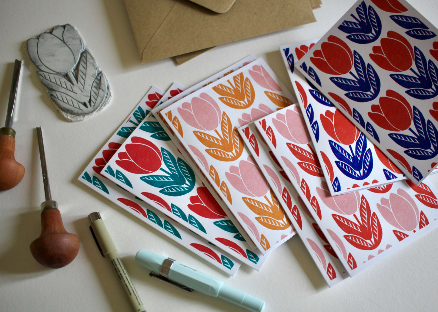 Tulip Block Print Pattern Notecards - Set of 8 Cards & Envelopes