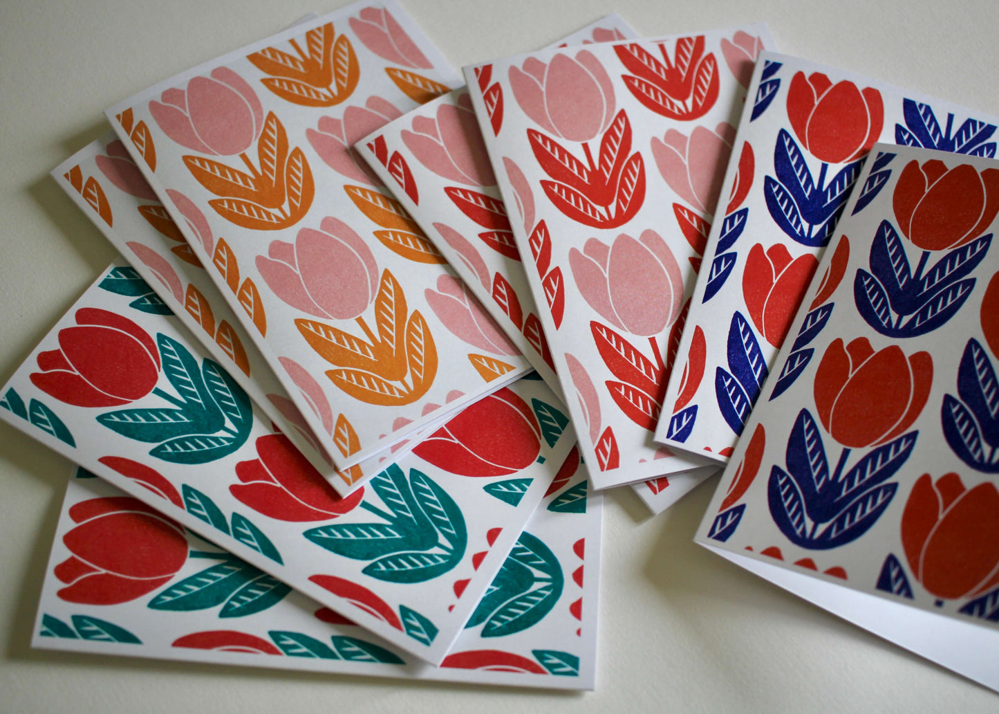 Tulip Block Print Pattern Notecards - Set of 8 Cards & Envelopes