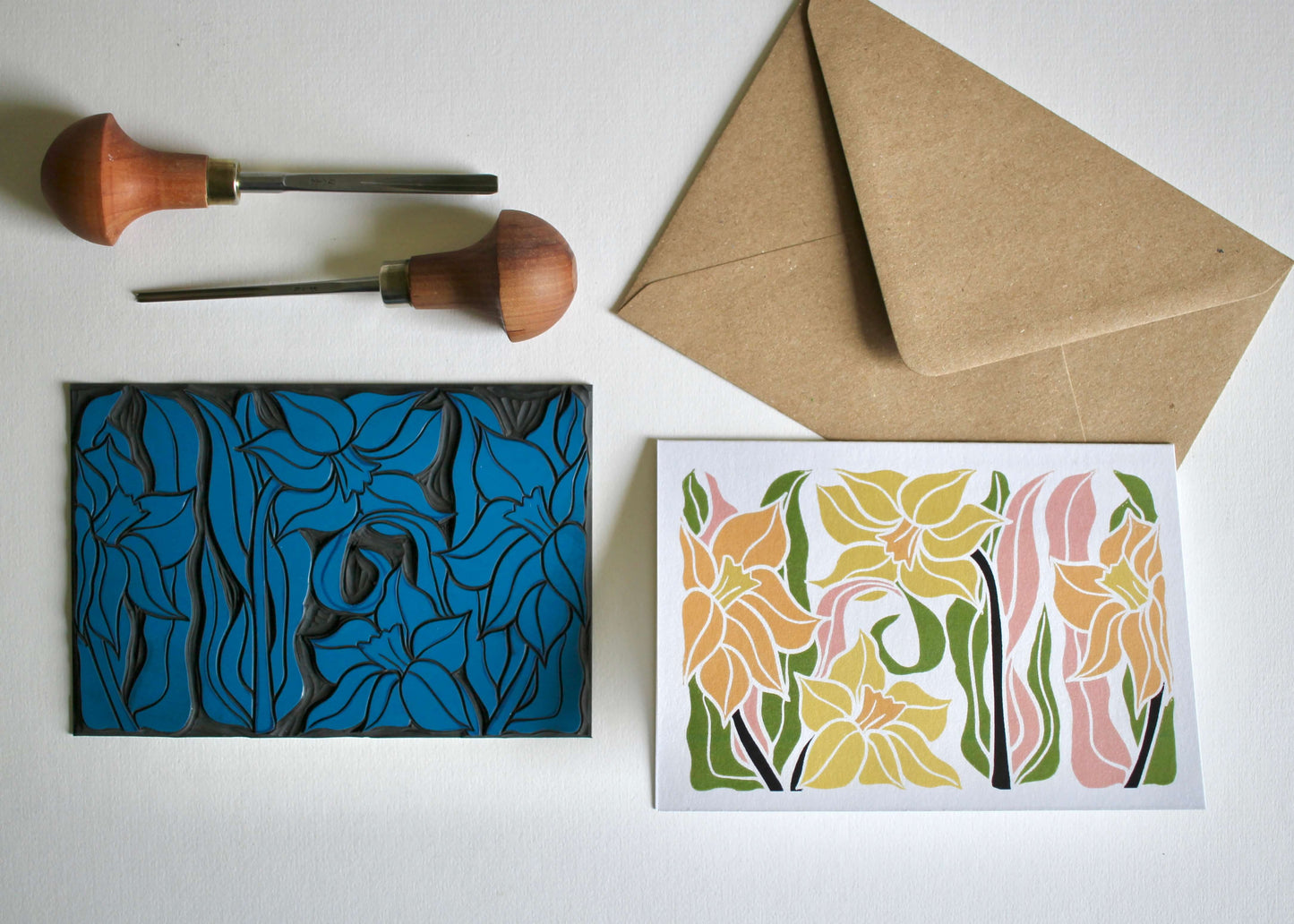 Daffodils Linocut Art Greeting Card - Single Card with Envelope