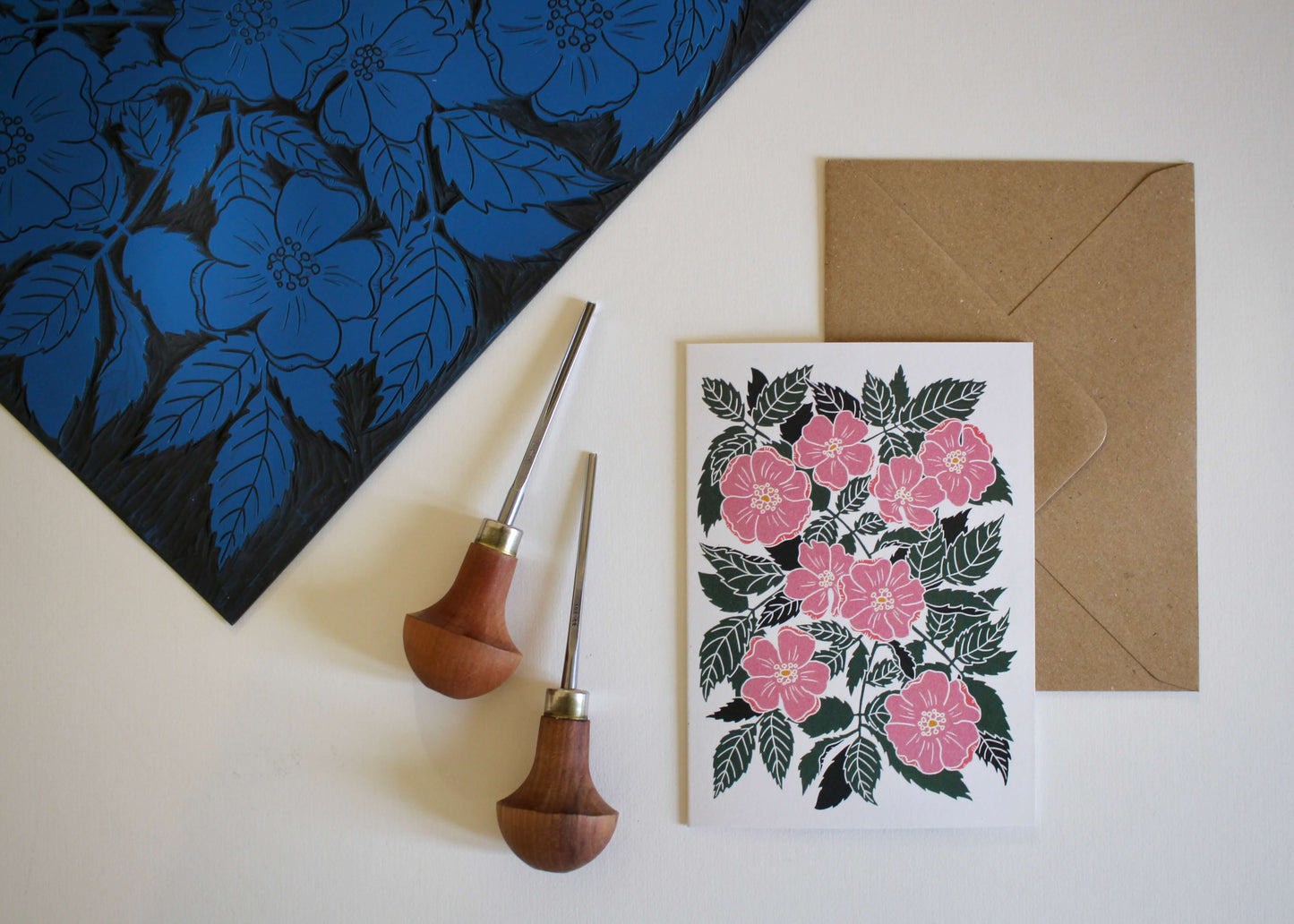 Linocut Dog Rose Card - Single