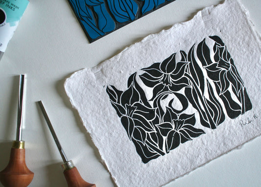 Hand Printed Daffodil Linocut on Cotton Rag Paper