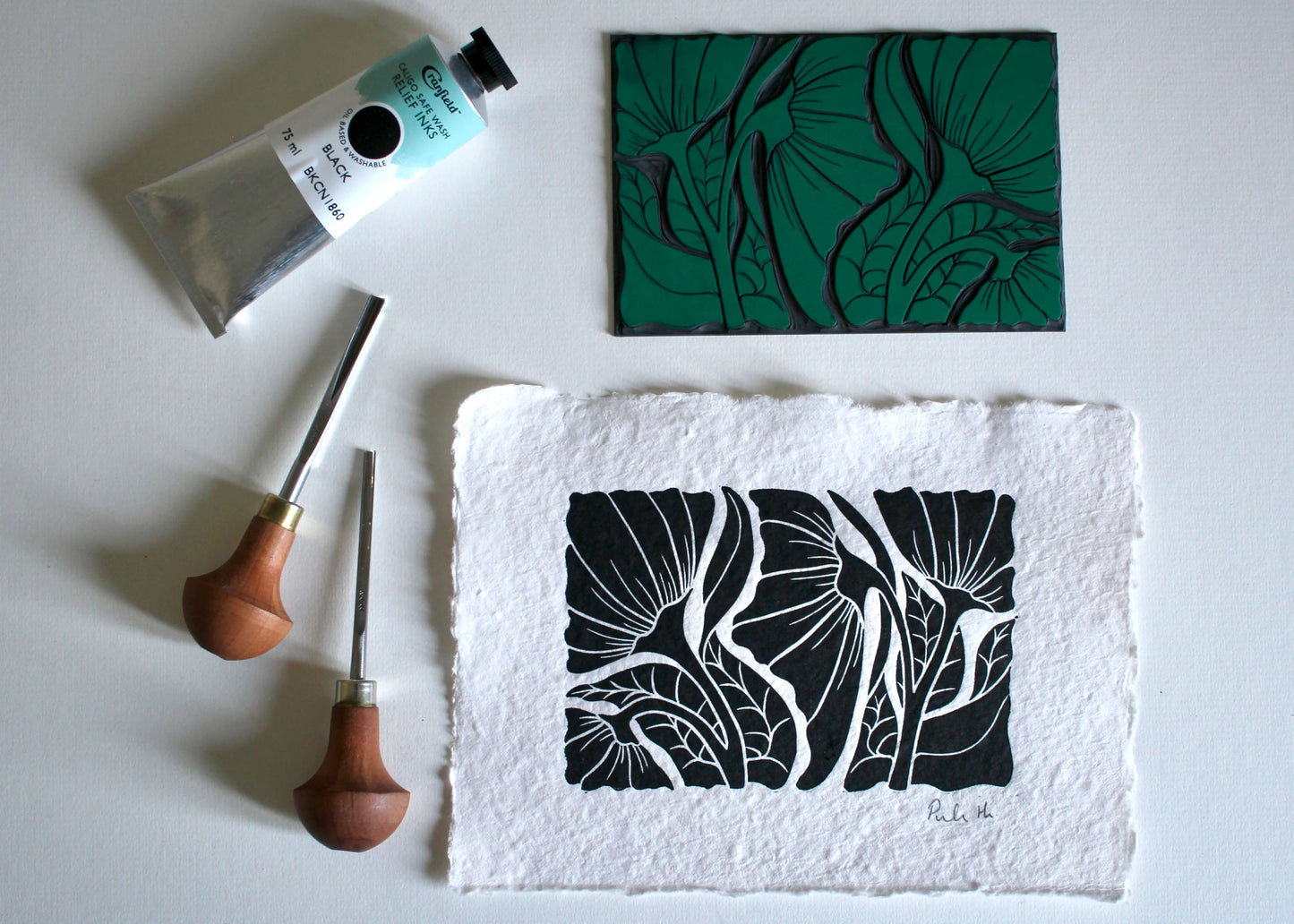 Hand Printed Happy Floral Linocut on Cotton Rag Paper