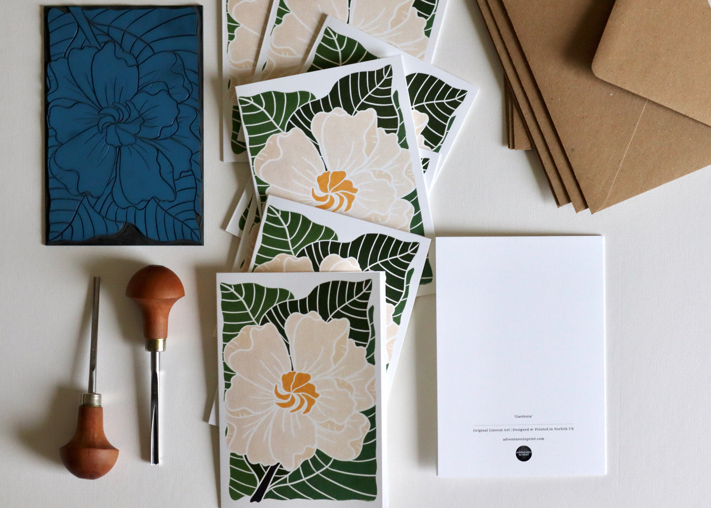 Gardenia Flower Linocut Art Notecards | Set of 8 Notecards & Envelopes