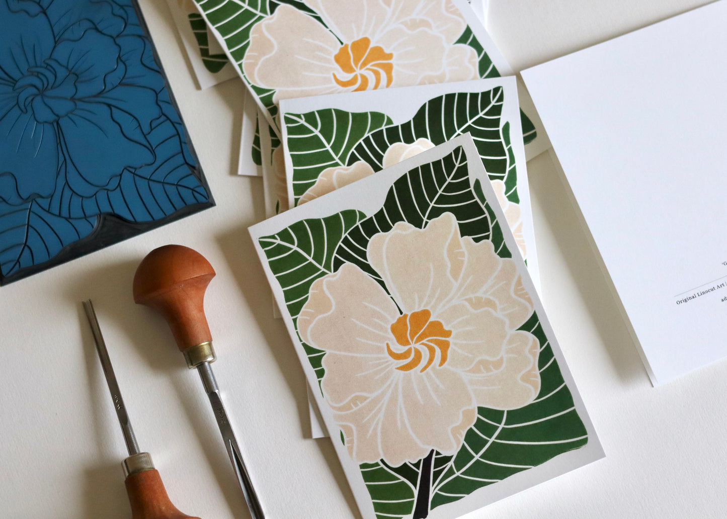 Gardenia Flower Linocut Art Notecards | Set of 8 Notecards & Envelopes