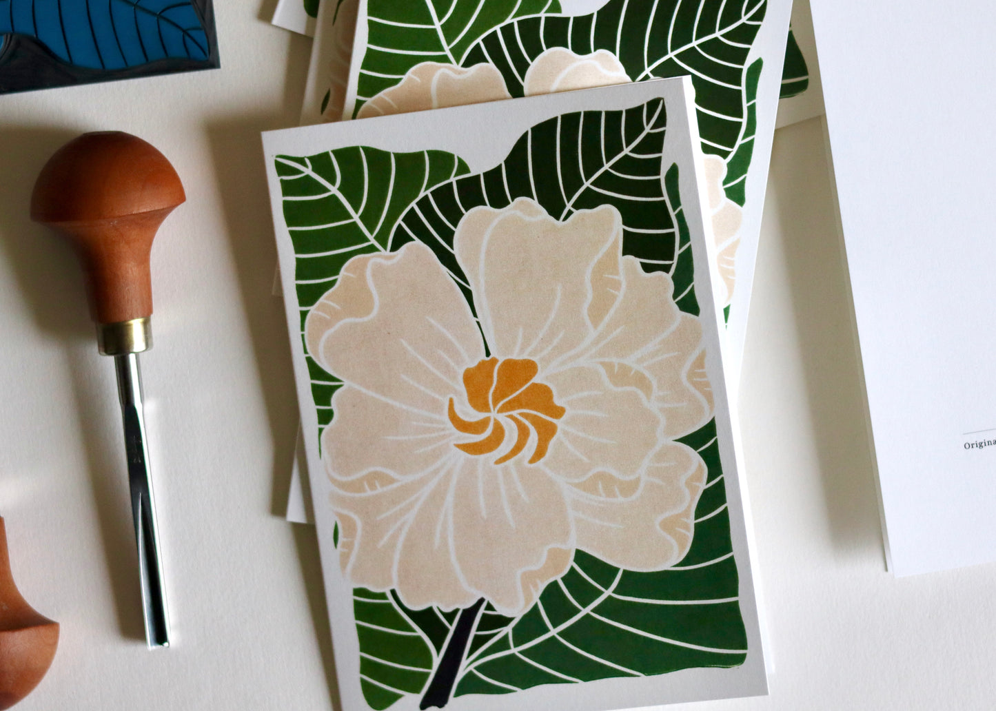 Gardenia Flower Linocut Art Notecards | Set of 8 Notecards & Envelopes