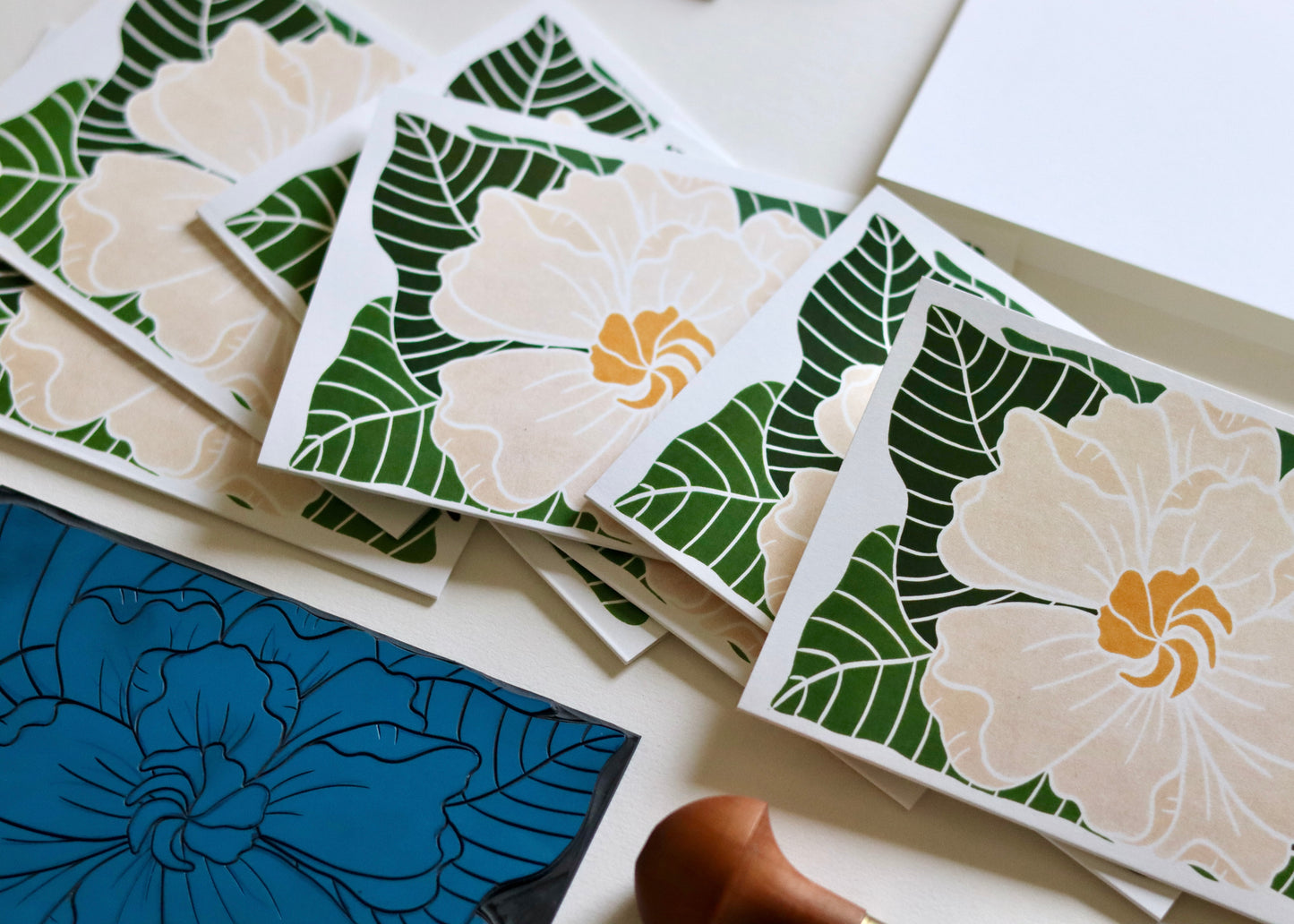 Gardenia Flower Linocut Art Notecards | Set of 8 Notecards & Envelopes