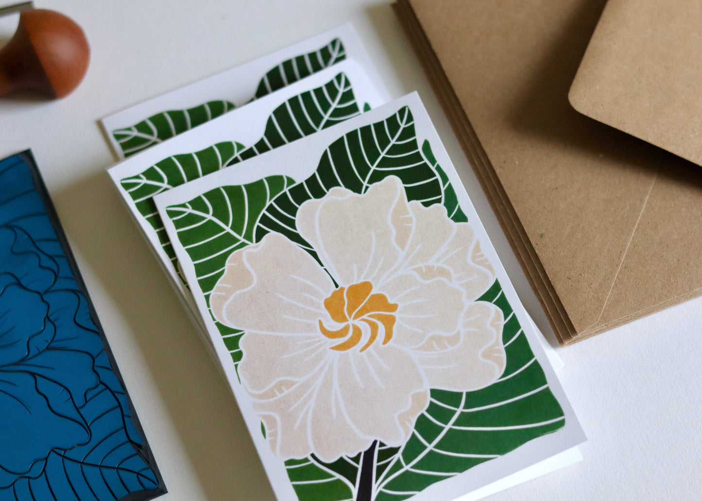 Gardenia Flower Linocut Art Notecards | Set of 8 Notecards & Envelopes