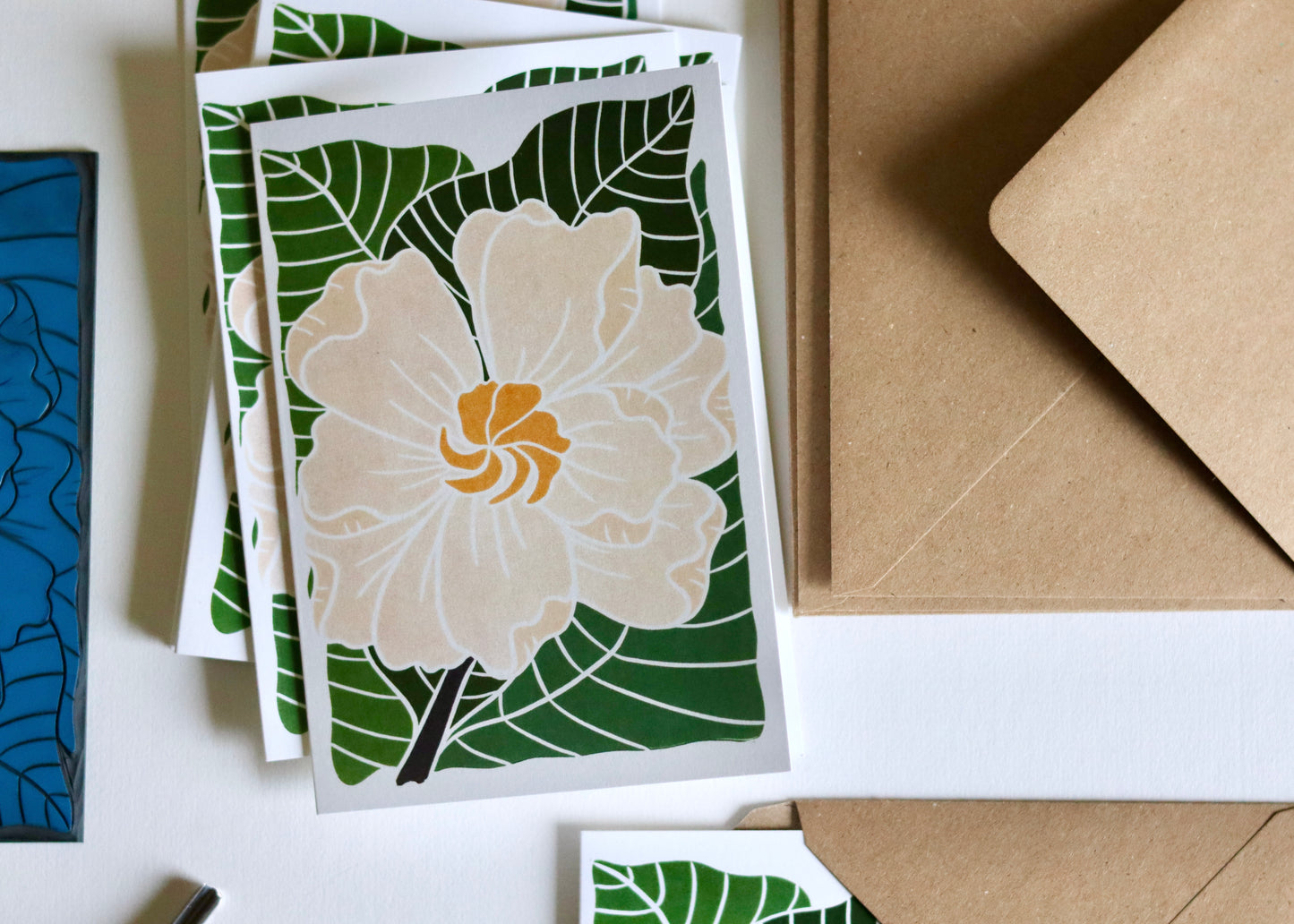 Gardenia Flower Linocut Art Notecards | Set of 8 Notecards & Envelopes