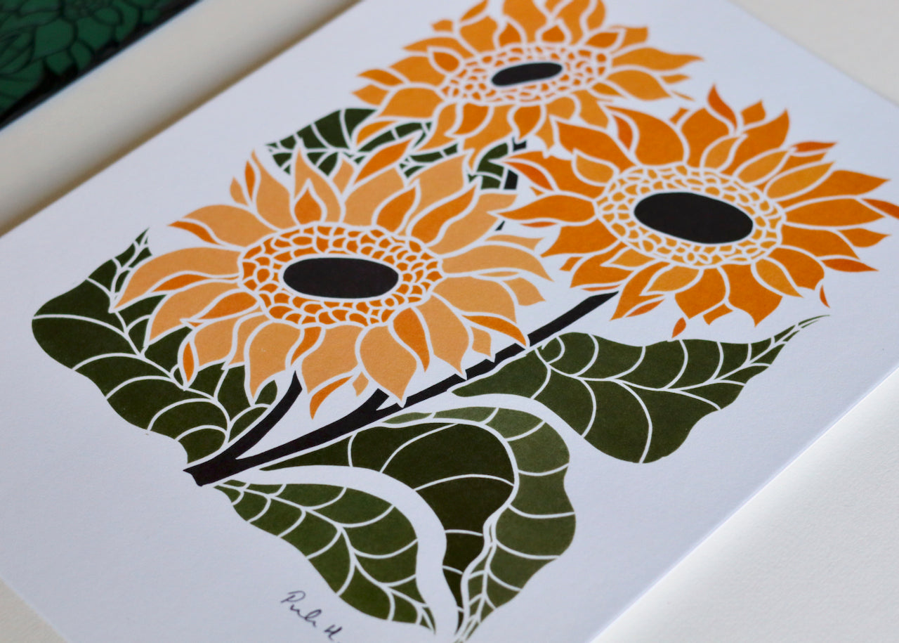 Joy Bloom Sunflowers Linocut | A5 or A4 Art Print on Cotton Paper