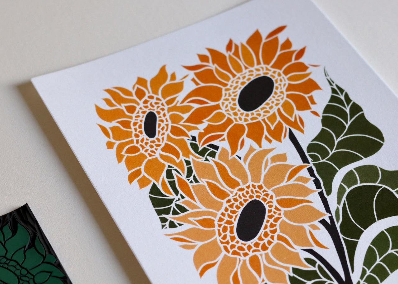 Joy Bloom Sunflowers Linocut | A5 or A4 Art Print on Cotton Paper