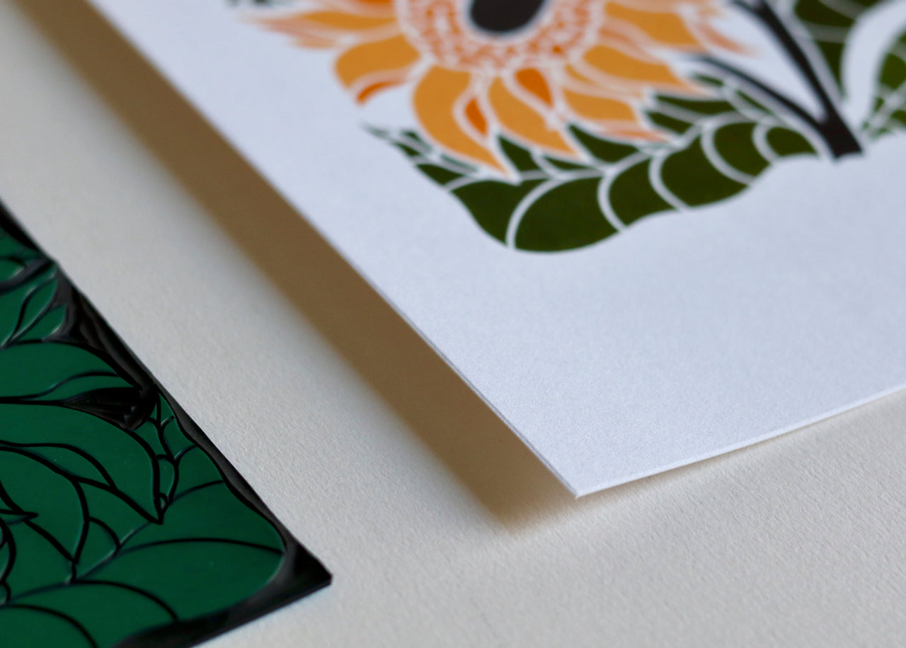 Joy Bloom Sunflowers Linocut | A5 or A4 Art Print on Cotton Paper