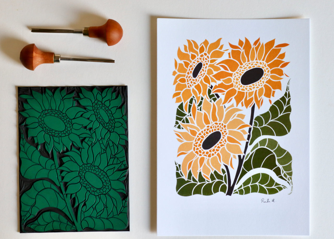 Joy Bloom Sunflowers Linocut | A5 or A4 Art Print on Cotton Paper