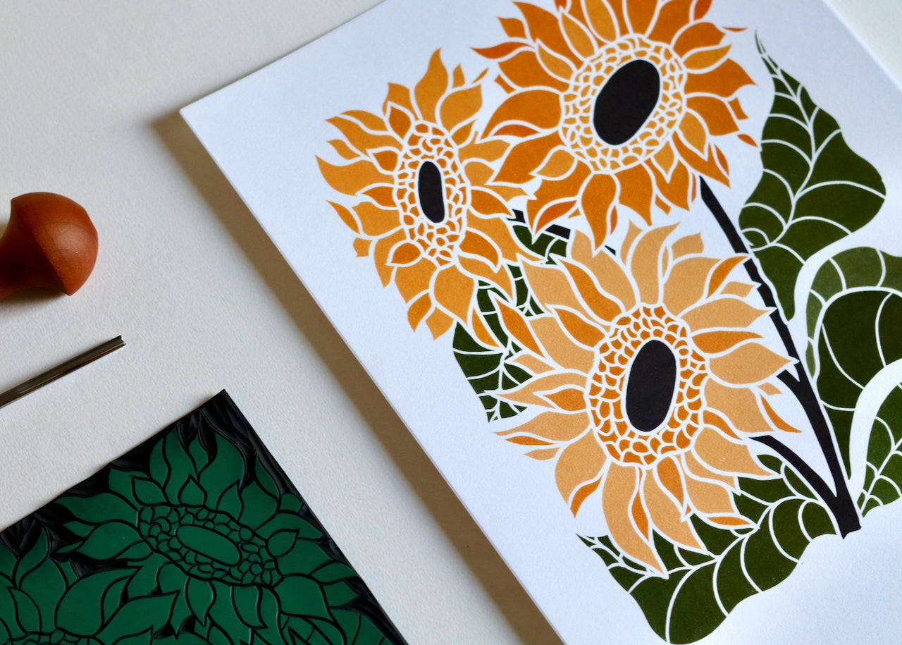 Joy Bloom Sunflowers Linocut | A5 or A4 Art Print on Cotton Paper