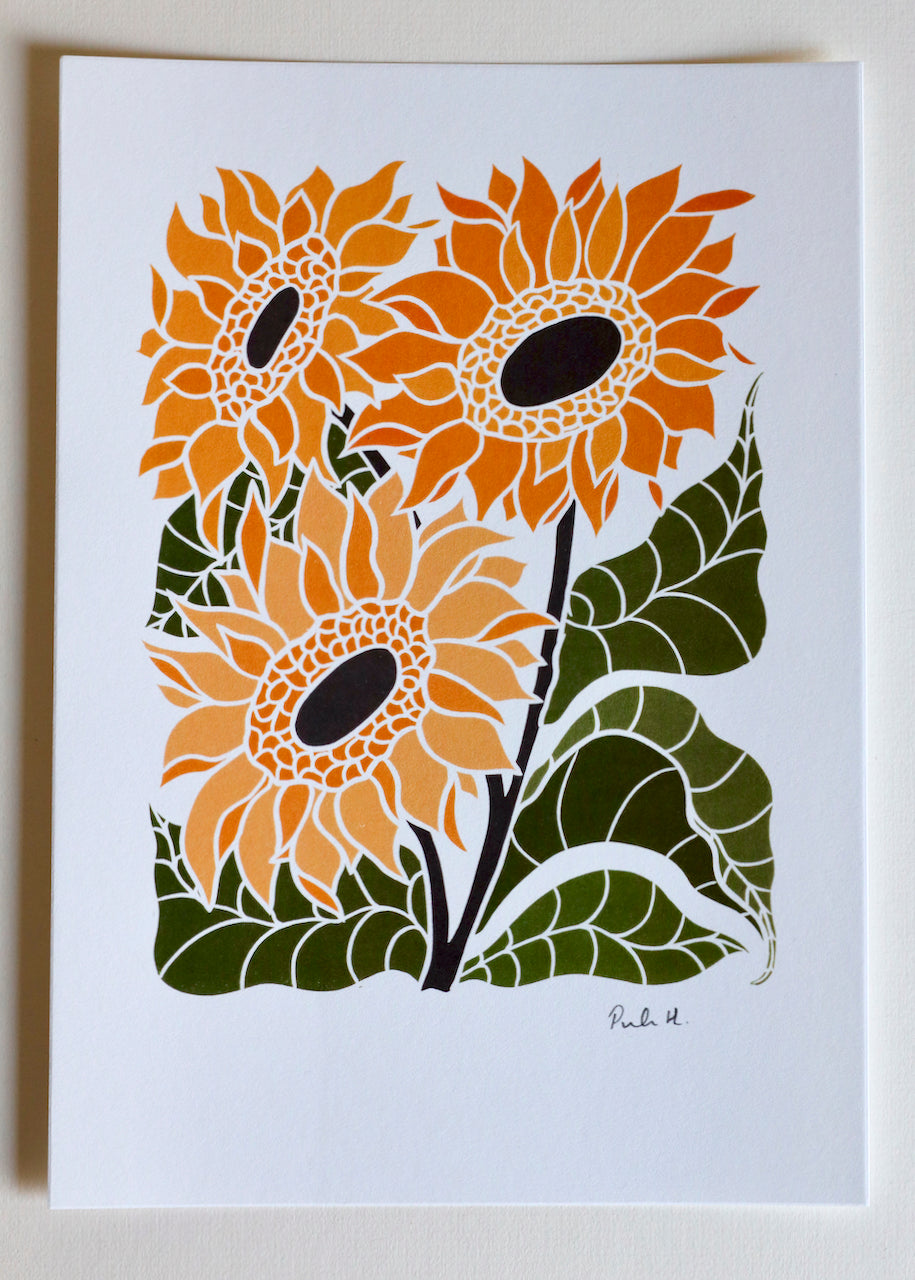 Joy Bloom Sunflowers Linocut | A5 or A4 Art Print on Cotton Paper