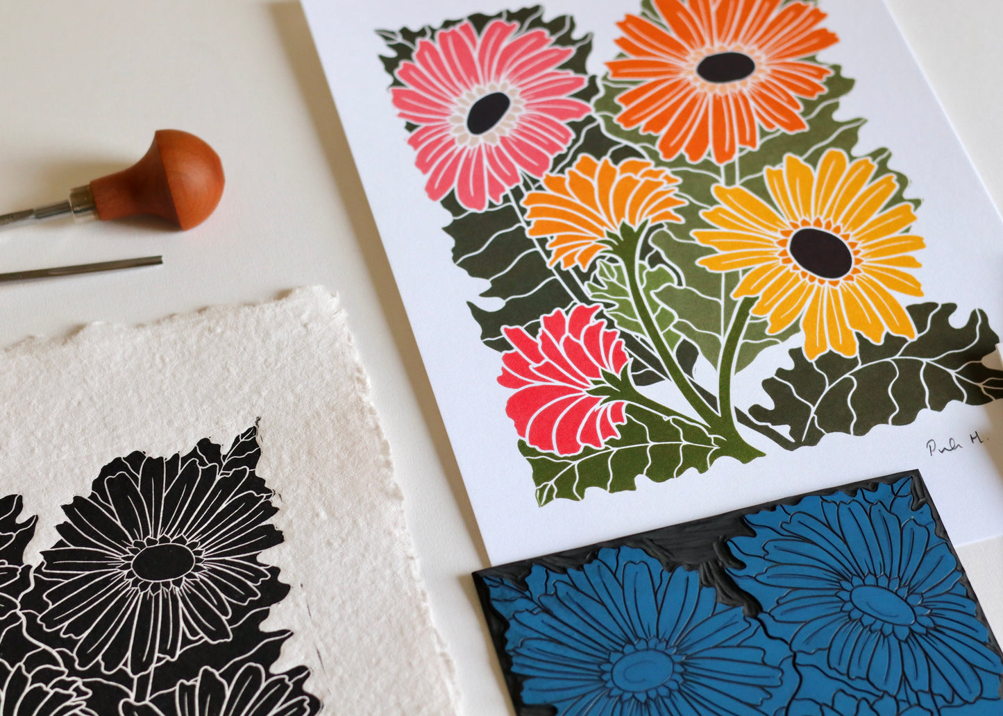 Joy Bloom Gerbera Daisy Linocut | A5 or A4 Art Print on Cotton Paper