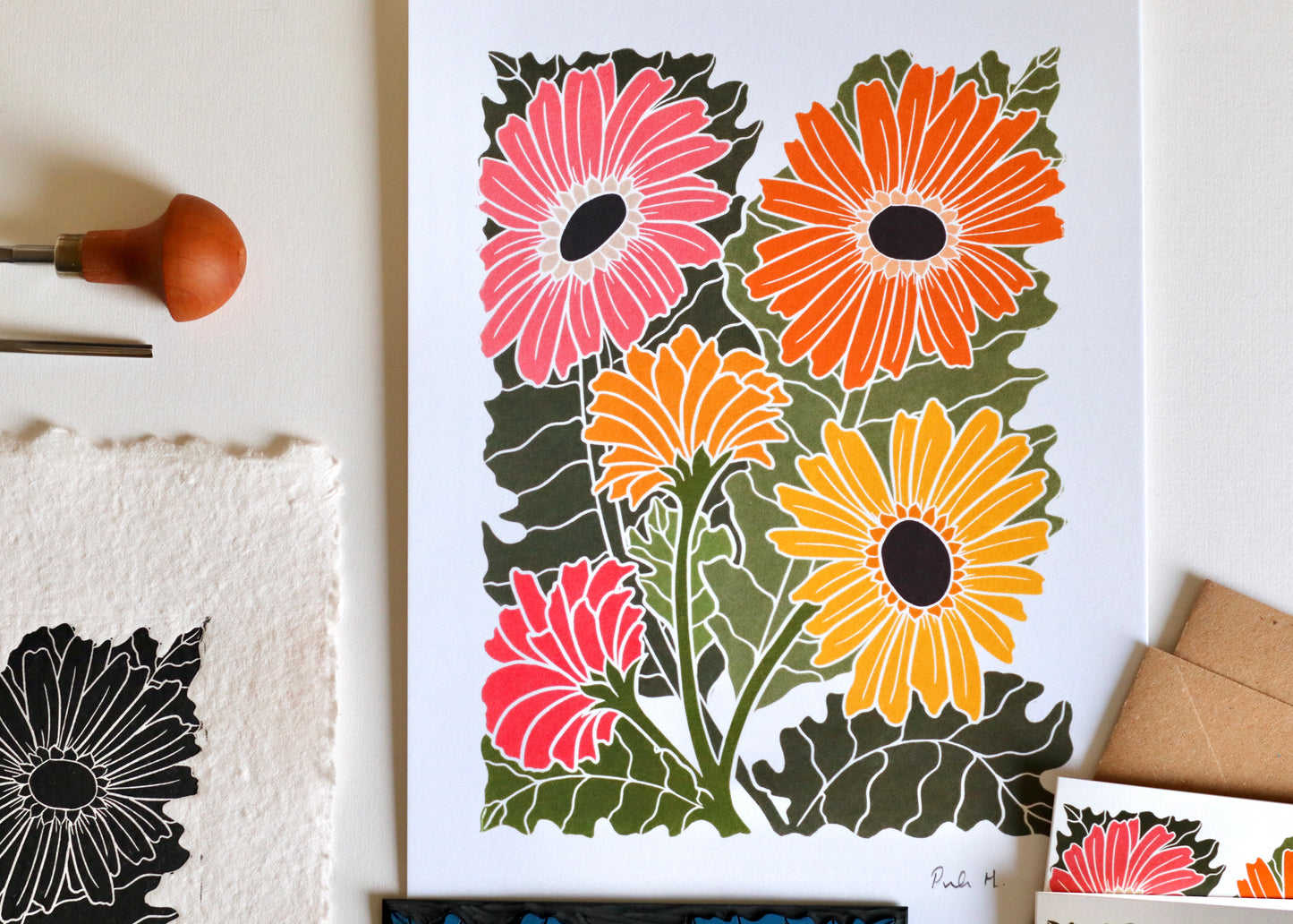 Joy Bloom Gerbera Daisy Linocut | A5 or A4 Art Print on Cotton Paper