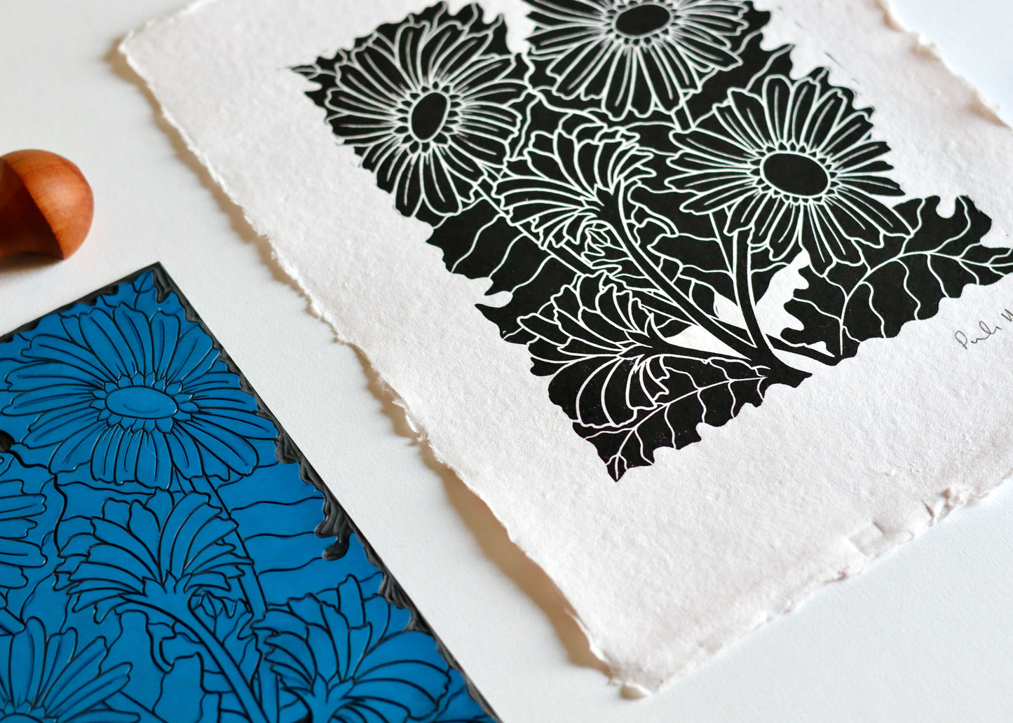 Joy Bloom Gerbera Daisies Linocut | Hand printed on A4 Cotton Rag Paper