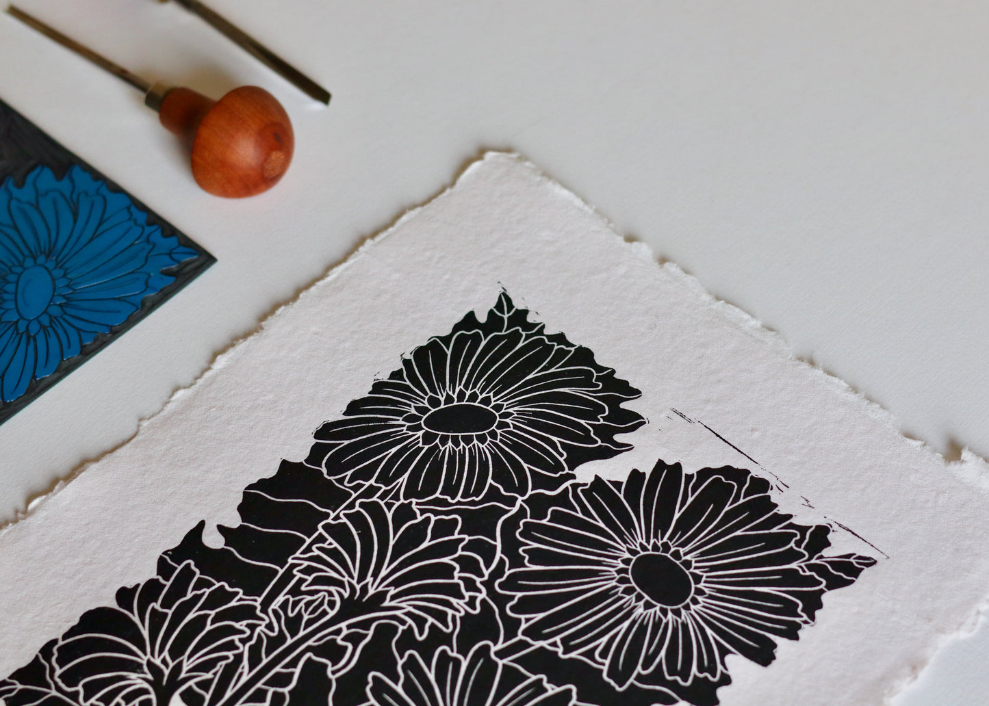 Joy Bloom Gerbera Daisies Linocut | Hand printed on A4 Cotton Rag Paper