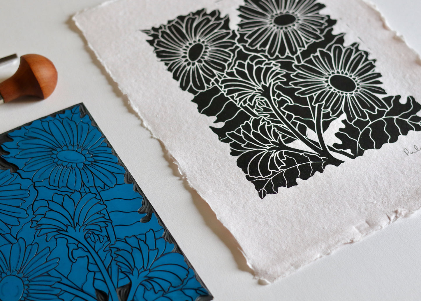 Joy Bloom Gerbera Daisies Linocut | Hand printed on A4 Cotton Rag Paper