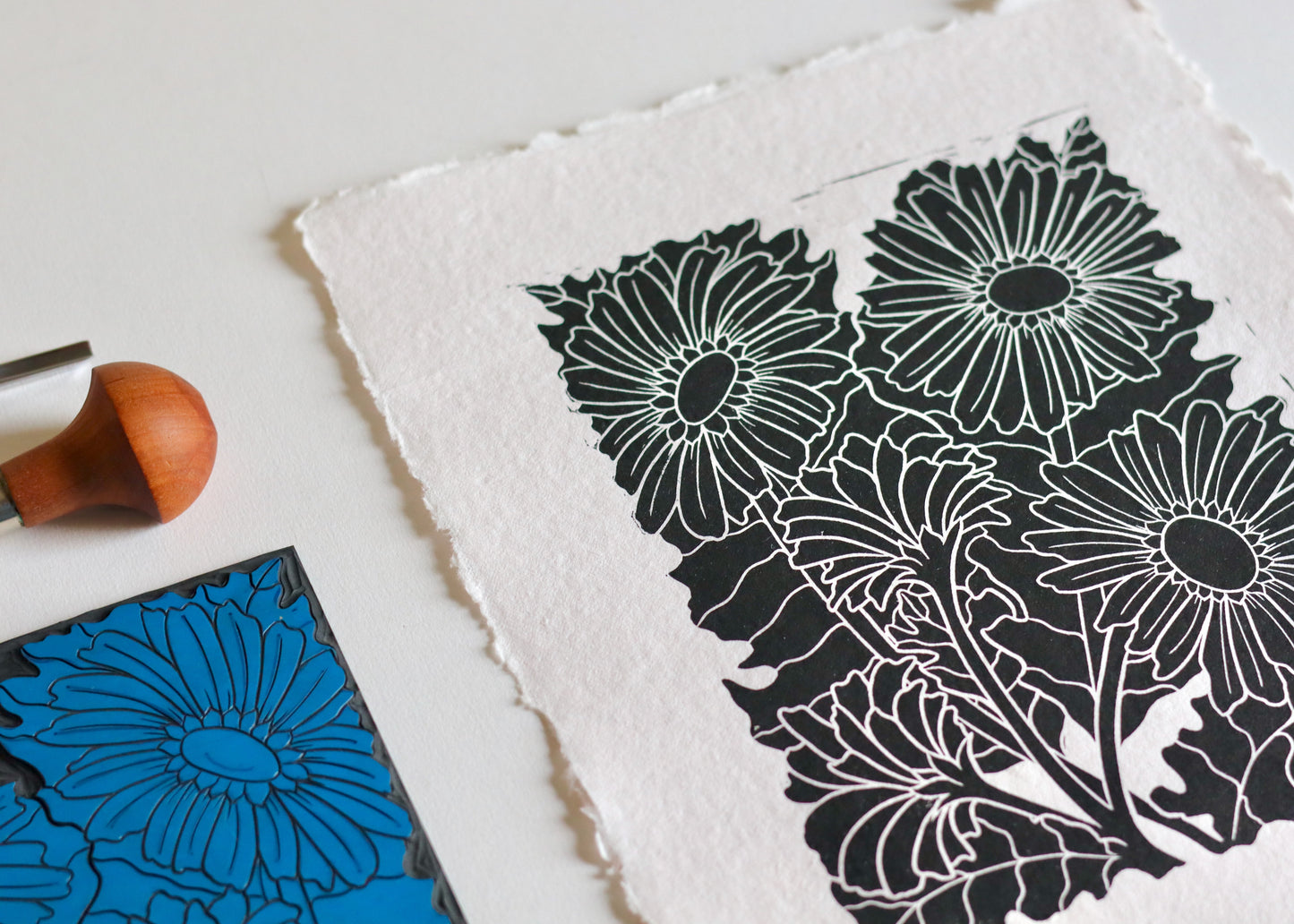 Joy Bloom Gerbera Daisies Linocut | Hand printed on A4 Cotton Rag Paper