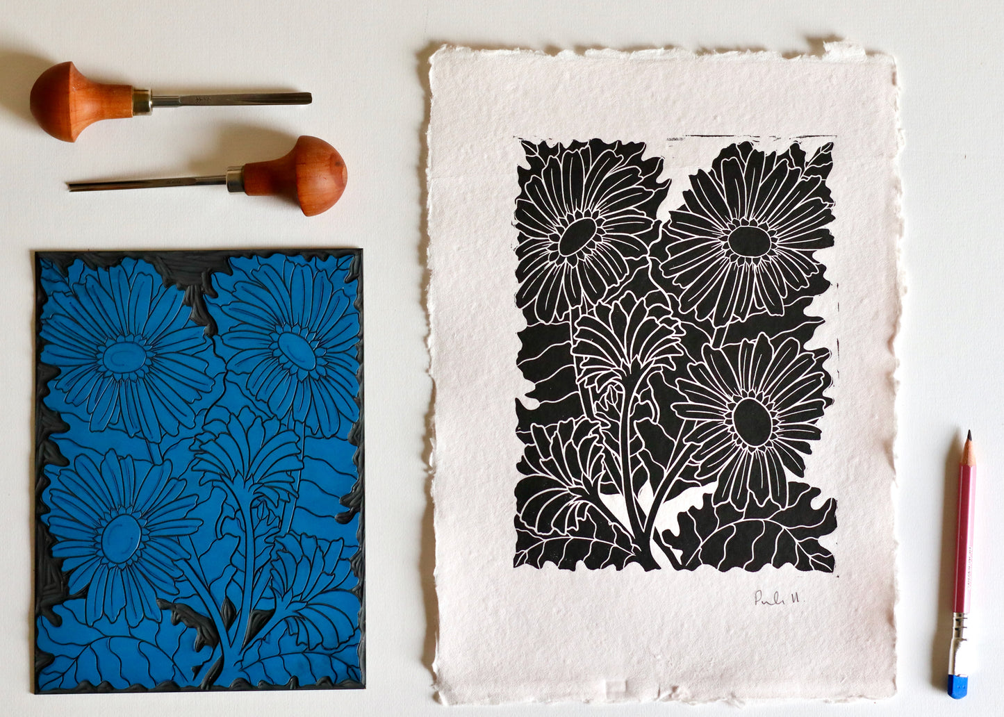 Joy Bloom Gerbera Daisies Linocut | Hand printed on A4 Cotton Rag Paper